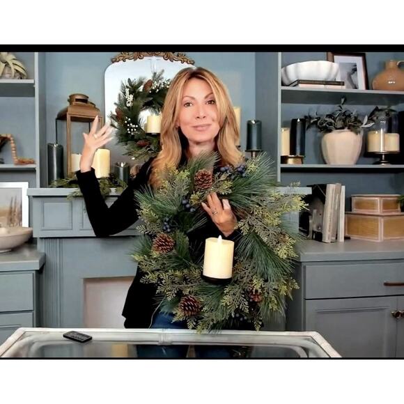 Luminara 4.5" Pillar Flameless Candle + Christmas 18" Wreath Blue Berries Pines - Picture 9 of 10